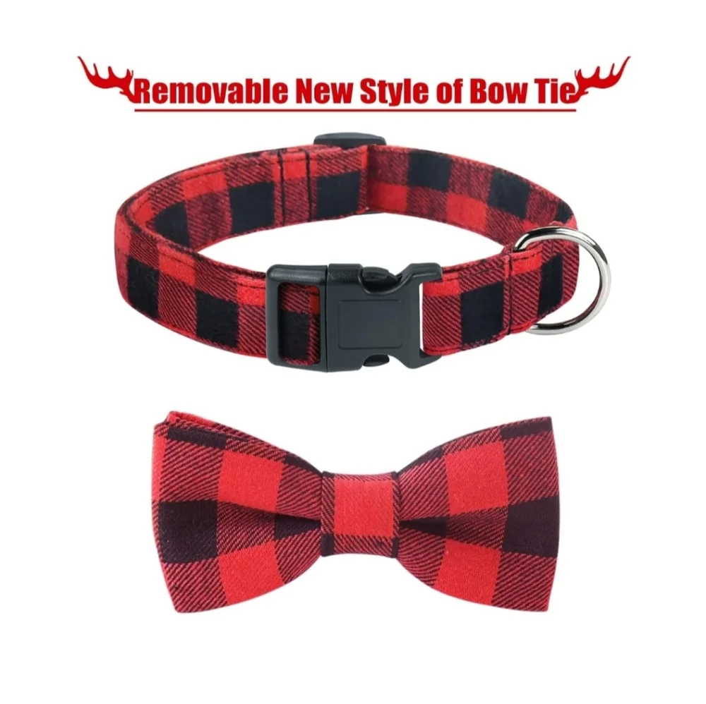 2 Pack Christmas Dog Collar w/ Bow Tie Classic Buffalo Plaid Pattern Size Large
